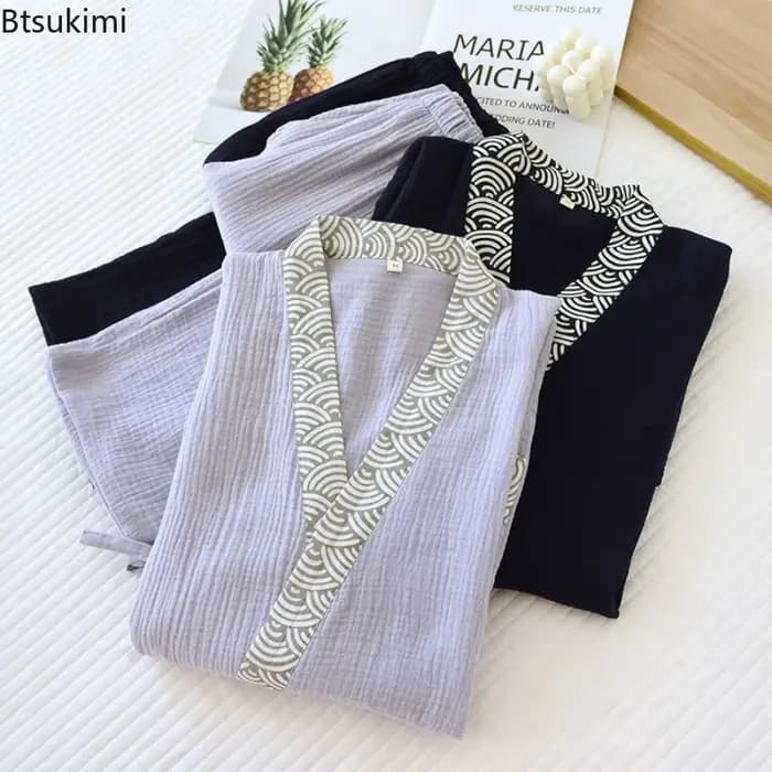 Ensemble pyjama homme 2026 : Kimono et pantalon à manches longues en coton crêpe pour l'automne et le printemps