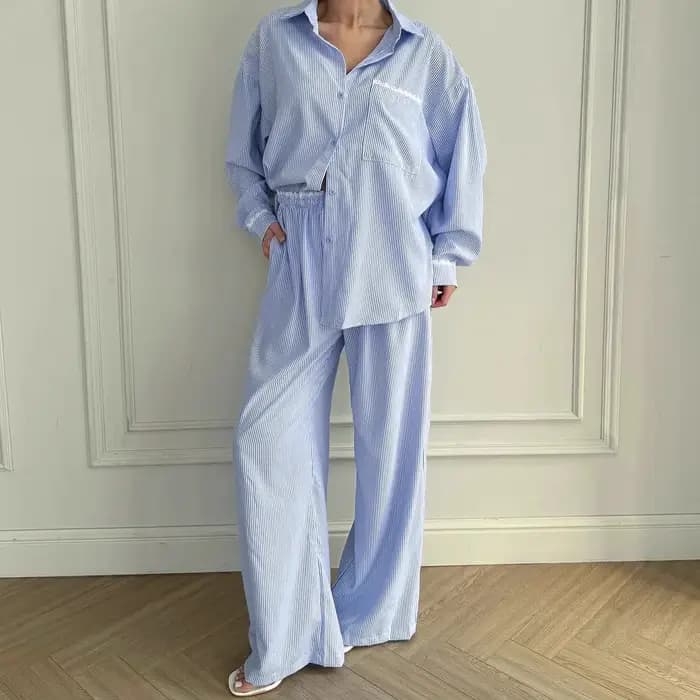 Rayé vêtements de nuit pour femmes 2 pièces costume à manches longues chemise
