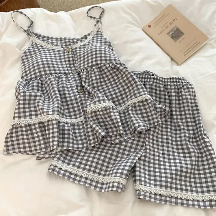 Pyjama à bretelles pour femme, nouvelle collection été 2026, motif écossais, sexy, avec ceinture et