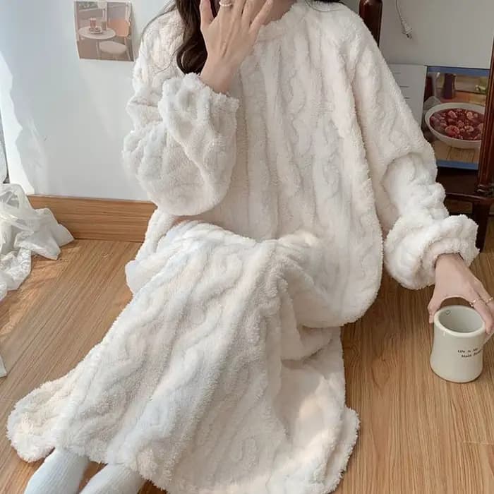 Hiver femmes flanelle chemises de nuit à manches longues Double poche ample solide vêtements