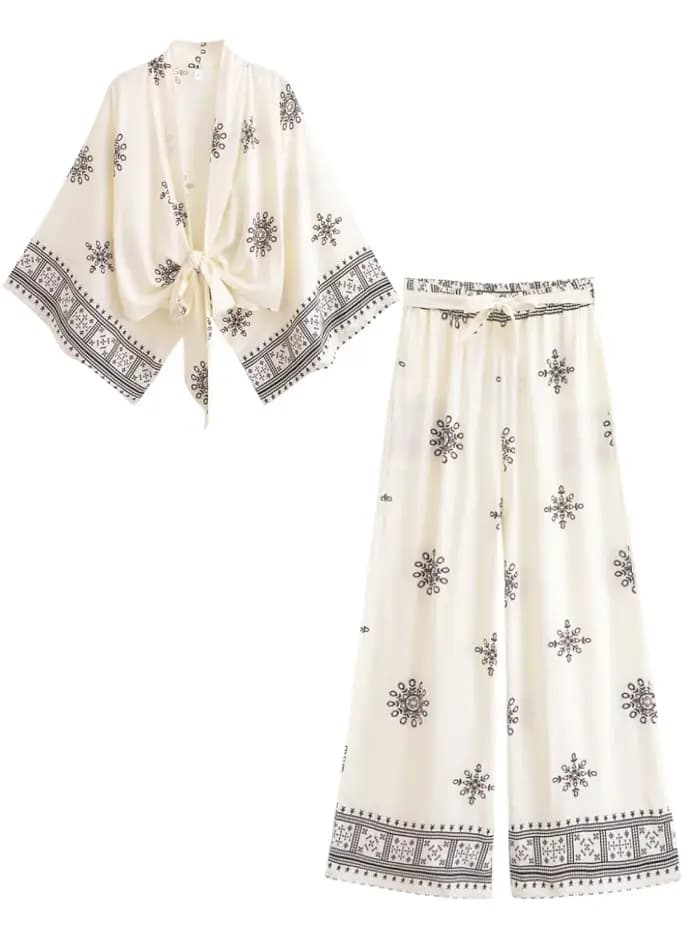 Vintage Chic femmes blanc imprimé fleuri tenues Kimono Robe bohème