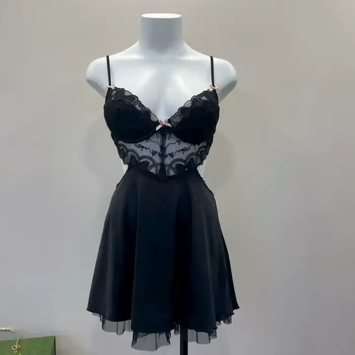 Chemise de nuit noire en V profond, vêtements de nuit pour femmes, Lingerie de tentation Sexy, coule