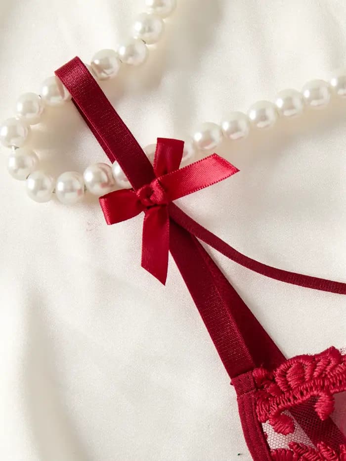 Chemise de nuit semi-transparente brodée d'oreilles de blé style campagne rouge vin pour femme