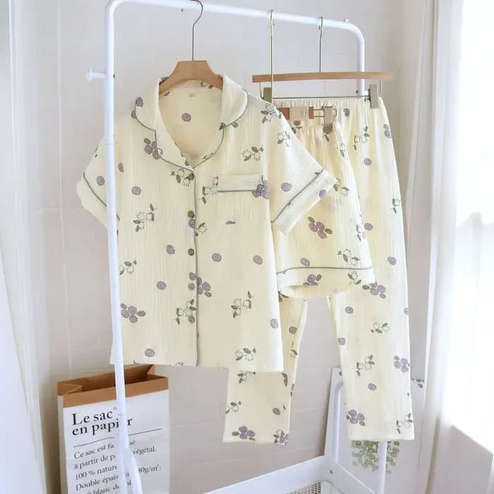 Ensemble pyjama trois pièces en crêpe de coton pur pour femme