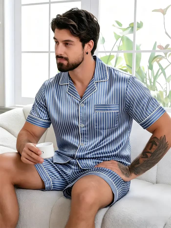 Ensemble de pyjama pour homme en satin à rayures imprimées