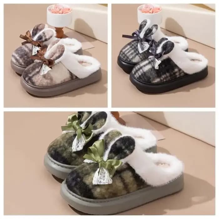 Pantoufles en coton à carreaux doux avec oreilles de lapin