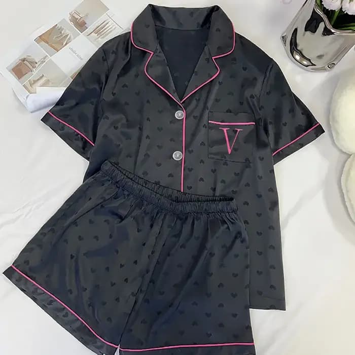 Vêtements de nuit d'été pour femmes: soie glacée Cool-Touch manches courtes Premium noir imprimé coe
