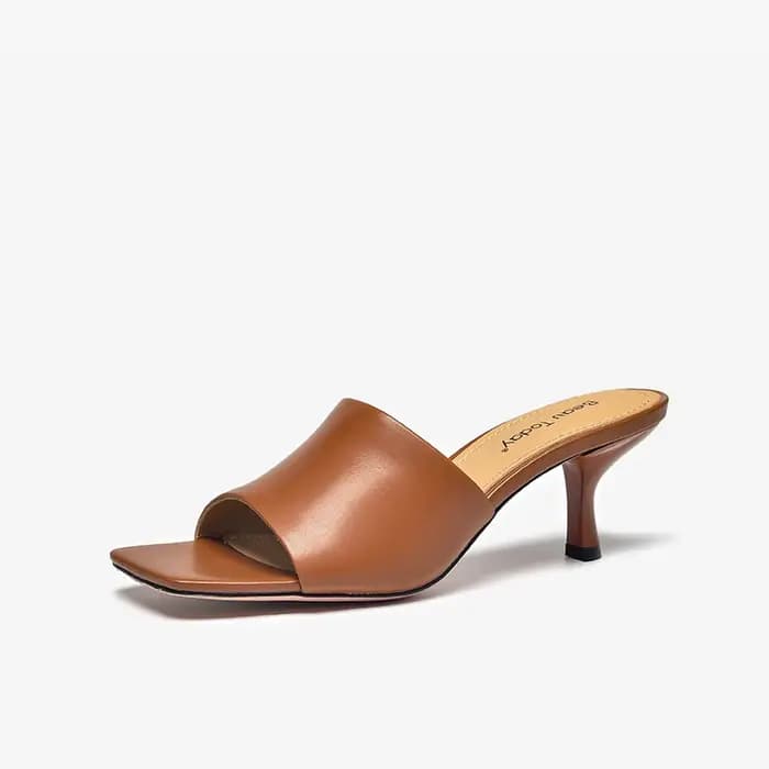 BEAUTODAY pantoufles élégantes femmes en cuir de veau couleur unie bout carré talons fins dames chaussures de plein air à la main 35110
