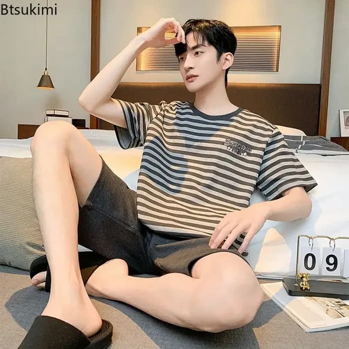 Soldes d'été : Ensemble pyjama homme en coton deux pièces – T-shirt à manches courtes et short décontracté et tendance pour la maison