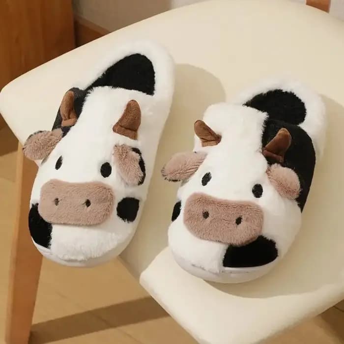 1 paire de pantoufles en forme de vache Kawaii antidérapantes
