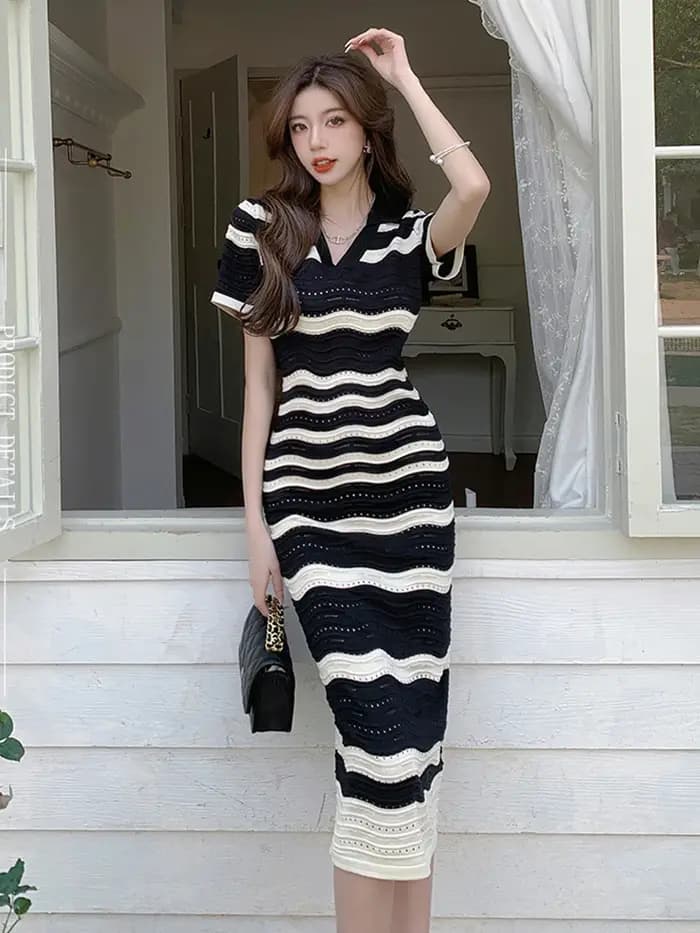Robe Longue d'Été Rétro à Rayures Ajourées pour Femme, Tenue Mi-longue à Manches Courtes, Vêtements