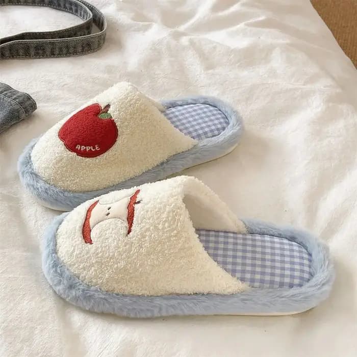 Doux grille rayure mignon en peluche pantoufles antidérapant semelle épaisse fruits