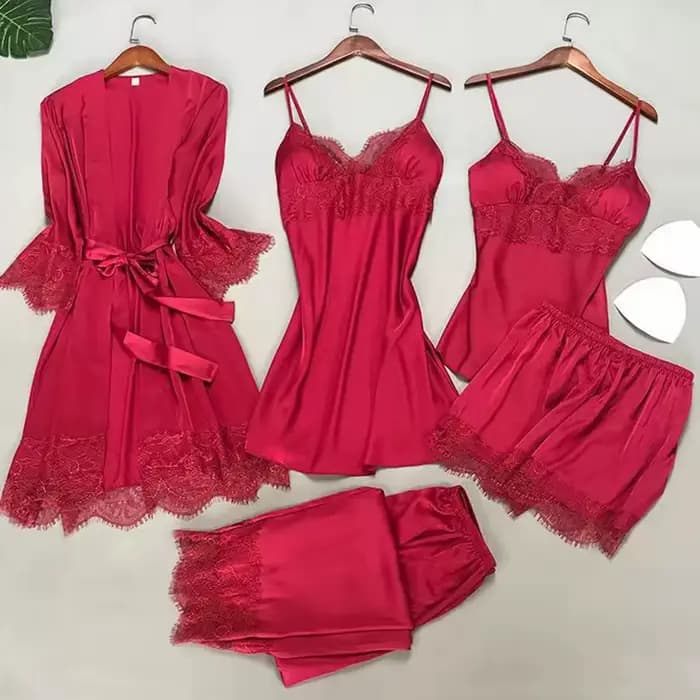 Blanc 5 pièces ensemble de sommeil Pyjamas dame dentelle Satin