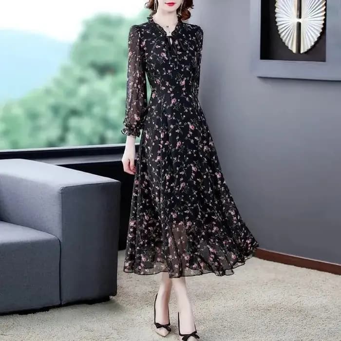Femmes été en mousseline de soie imprimé robes 2025 printemps été longue élégante robe à cordon femme grande taille