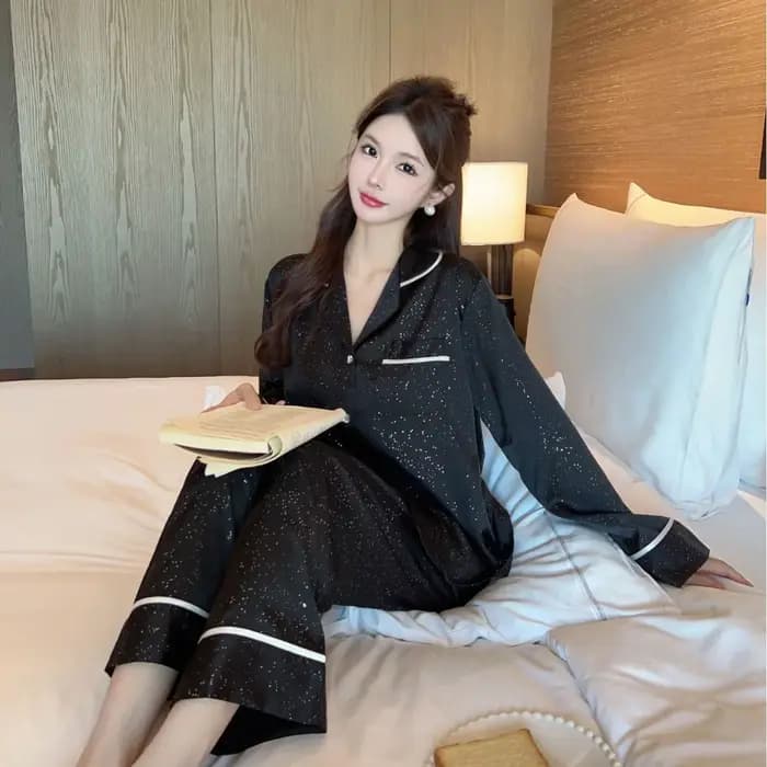 Chemise et pantalon à revers noir 2 pièces Pyjamas vêtements de maison femmes rayonne
