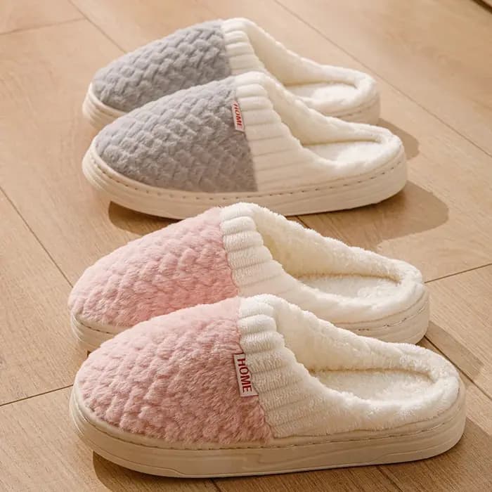 Pantoufles en fausse fourrure de lapin pour femmes et hommes – Chaussures d'hiver en peluche avec semelle épaisse