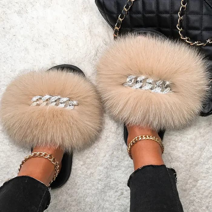 Pantoufles en fourrure de renard véritable pour femmes
