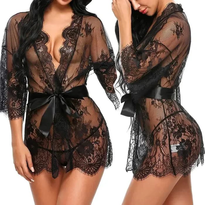 Robe de nuit transparente en dentelle pour femme, lingerie sexy érotique, col en V, avec string, ten