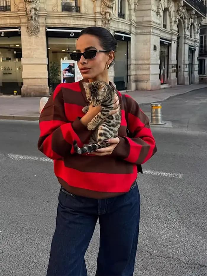 Tricoté côtelé col Polo pull femmes décontracté revers à manches longues coupe ample automne hiver tout-match hauts Chic dame vêtements d'extérieur