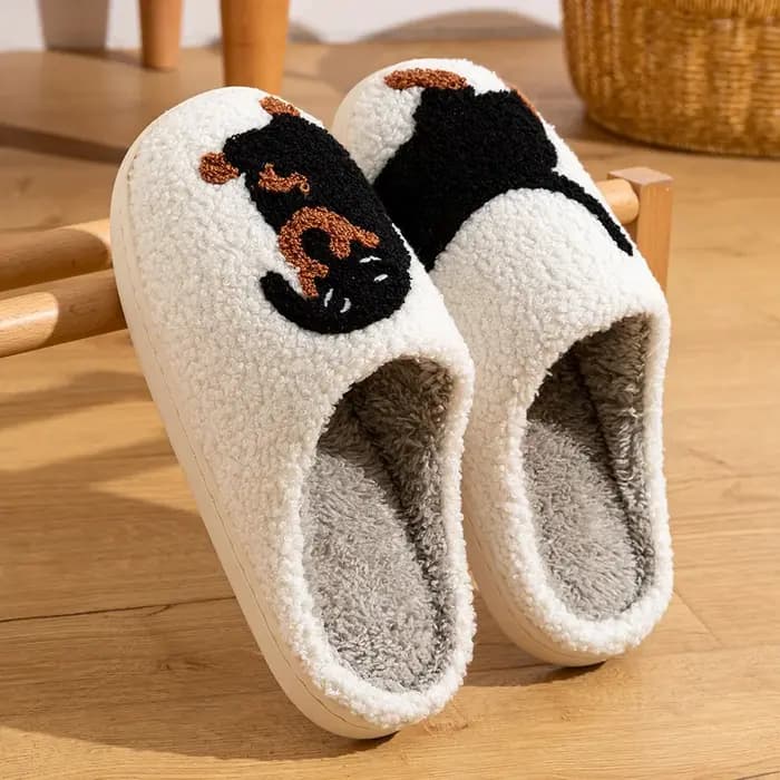 Chaussons pour femmes classique chien motif brodé maison d'hiver intérieur semelle souple chaud décontracté confortable