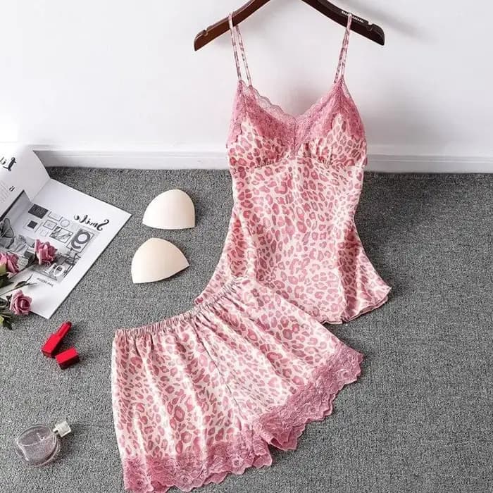 Imprimé léopard 4 pièces ensemble de sommeil Pyjamas femme ample Satin