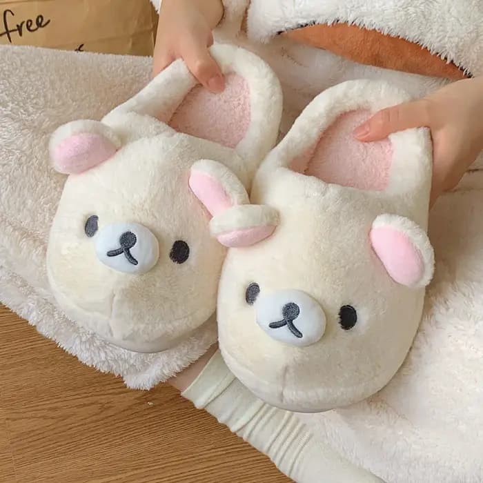 Kawaii Bear Rilakkuma pantoufles en coton mignon plat bout fermé Mules pour hommes et femmes hiver dessin animé maison