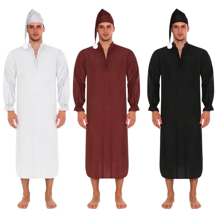Robe de nuit vintage pour homme avec bonnet de nuit, bordure à volants, manches longues avec poignets à cordon, robe de nuit ample pour pyjama, fête