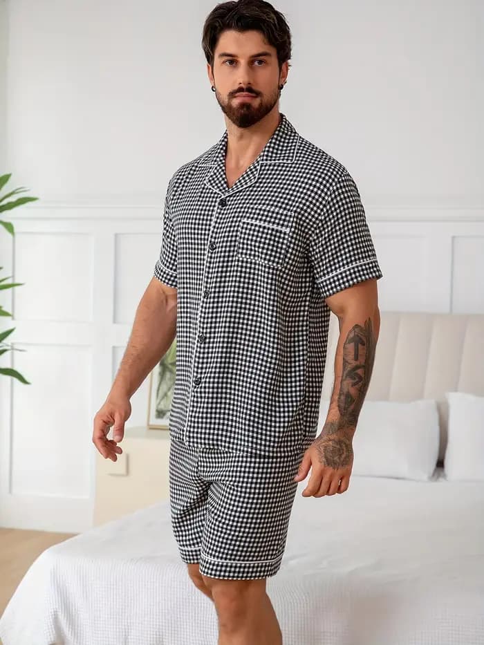 Ensemble de pyjama en crêpe à carreaux pour homme
