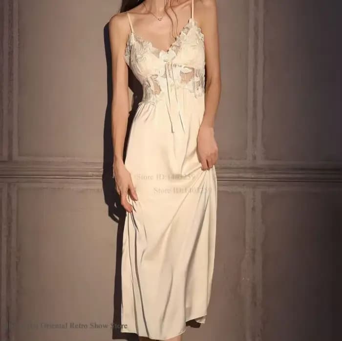 Élégant femme longue Robe ensemble chemise de nuit soyeux glace soie vêtements