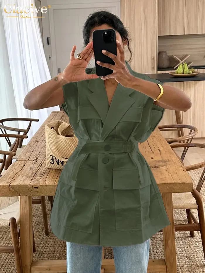 Clacive mode ample blanc coton femmes chemise 2024 élégant revers sans manches chemises décontracté classique solide haut femme vêtements