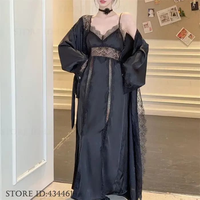 Femmes longue Twinset Robe ensemble Sexy dentelle garniture mariage peignoir Kimono