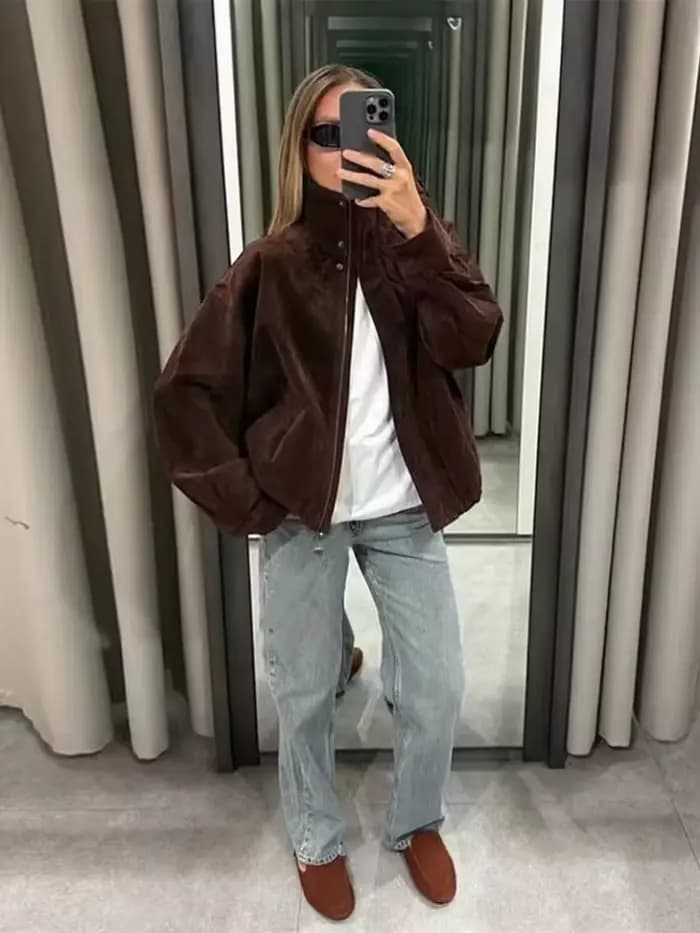 2025 hiver Vintage marron daim vestes amples femmes décontracté col montant poche épais manteau auto