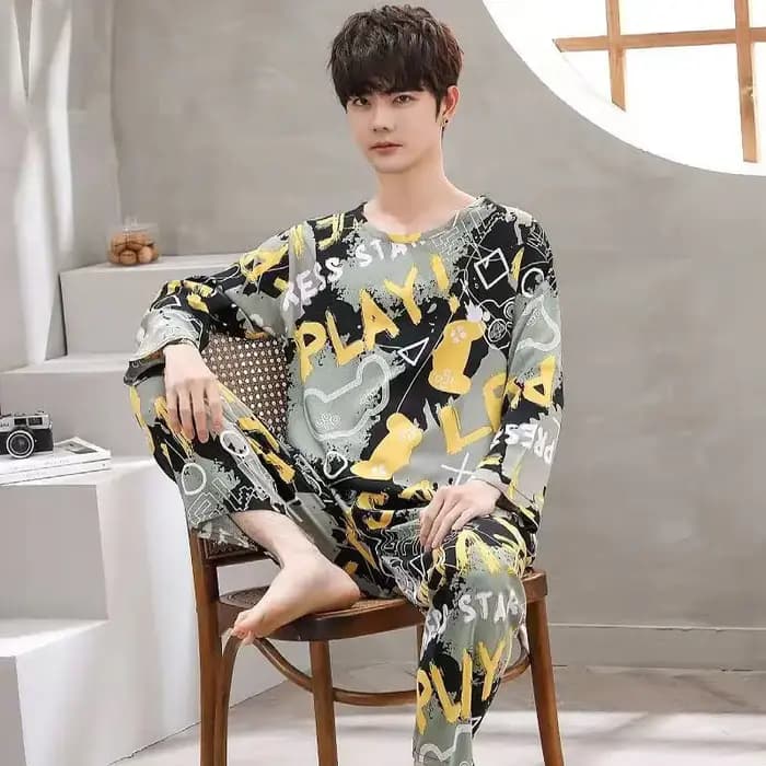 2 pièces nouveau printemps et automne hommes pyjamas ensemble garçons doux à manches longues sommeil repos maison fête