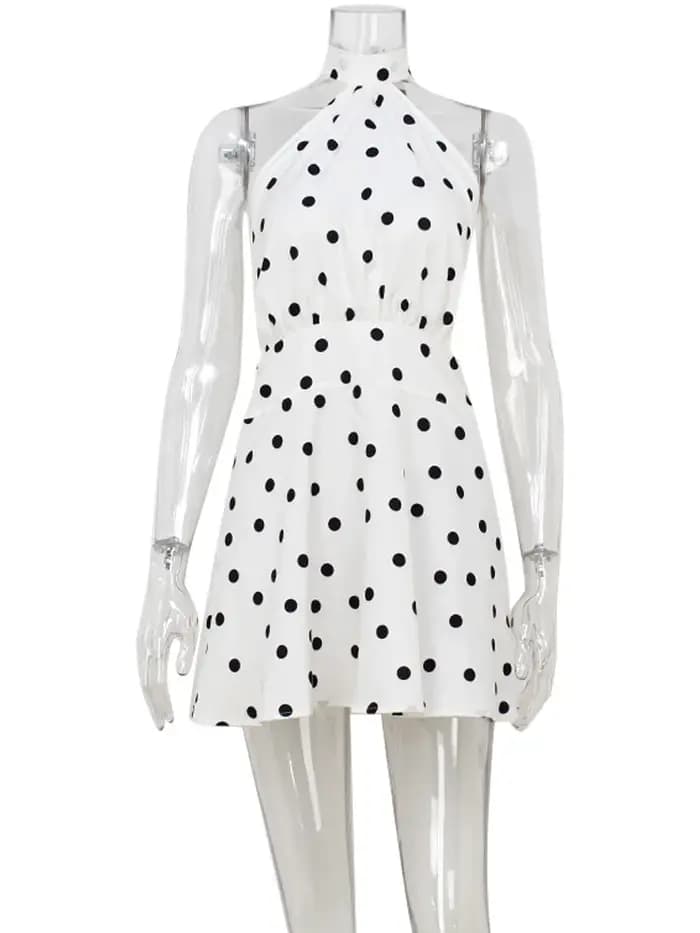 Mini-robes sexy dos nu à pois pour femme, style bandage, coupe ajustée, sans manches, style A-line,