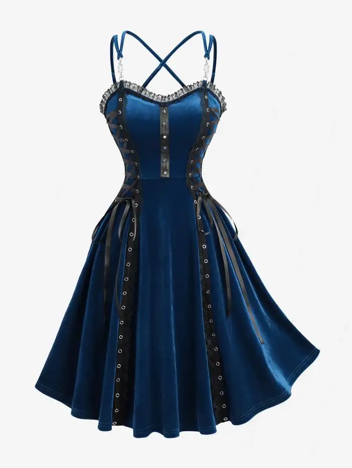 Femmes gothique Vintage robes Costume à lacets PU sangle Rivet croisé à bretelles velours Halloween robe
