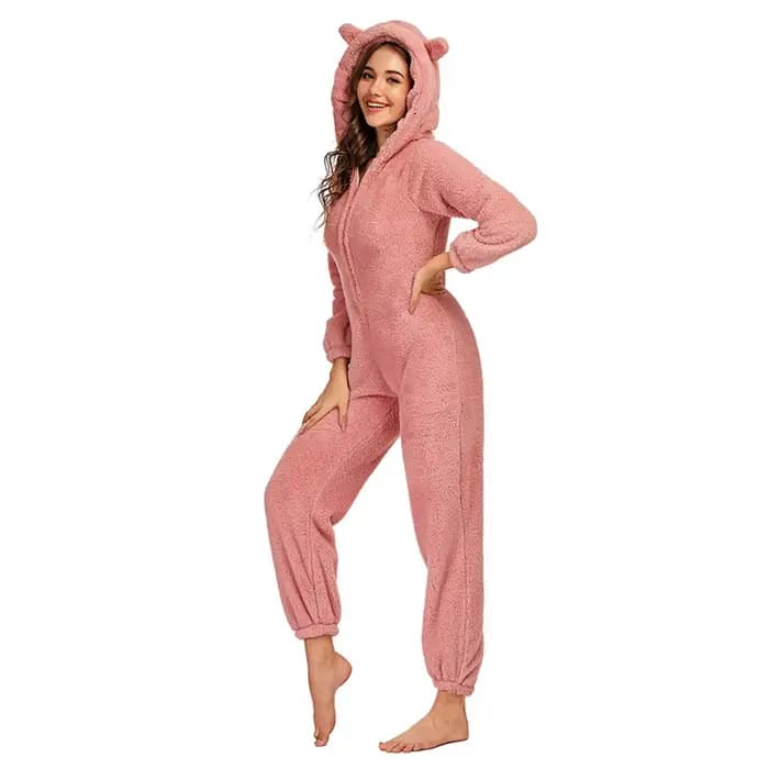 Femmes polaire Oneseies fermeture éclair à capuche Pyjamas barboteuses vêtements de nuit confortables