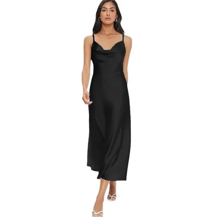 Robe longue en satin sexy pour femme avec encolure drapée