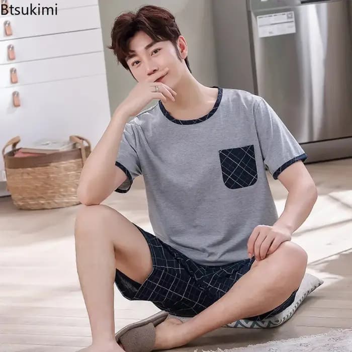 Soldes d'été : Ensemble pyjama homme en coton deux pièces – T-shirt à manches courtes et short décontracté et tendance pour la maison