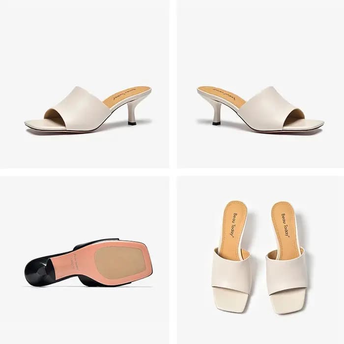 BEAUTODAY pantoufles élégantes femmes en cuir de veau couleur unie bout carré talons fins dames chaussures de plein air à la main 35110
