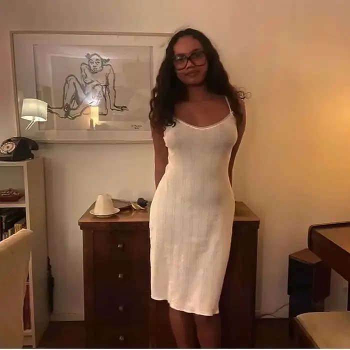 Robe à bretelles en tricot COUCOU mi-longue avec nœud en dentelle ajourée pour femme