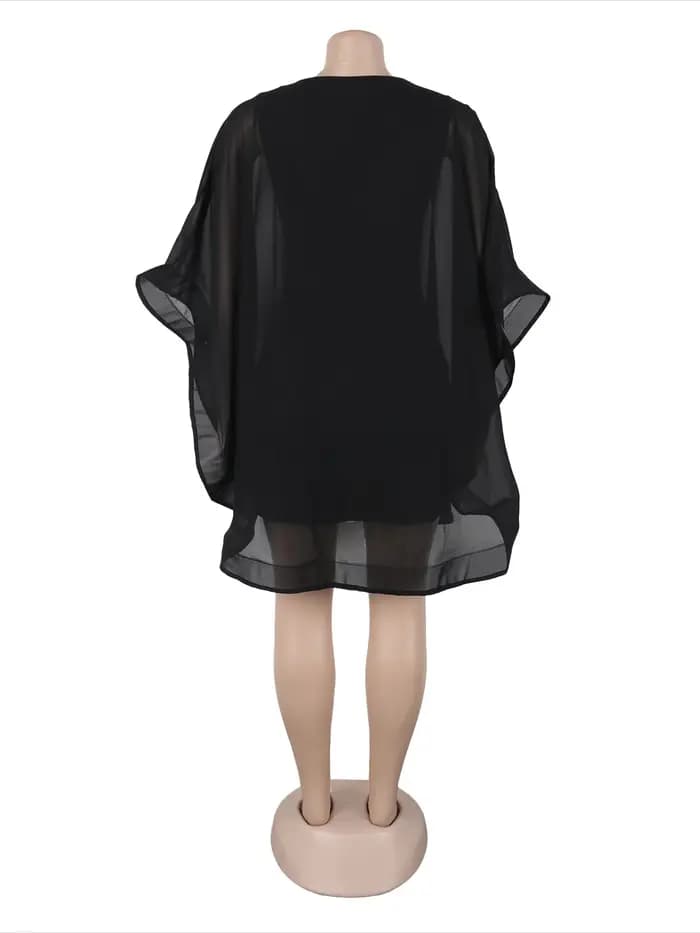 Femmes élégantes robes Simple solide en mousseline de soie col rond manches cape ample taille moyenne casual dîner