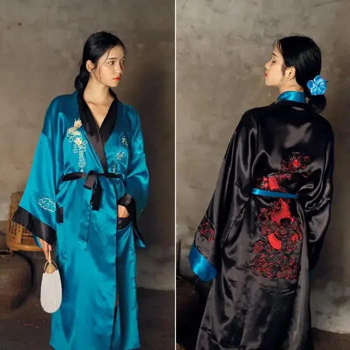 Nouveauté Robe de bain réversible femmes Kimono Yukata Satin broderie Dragon chemise de nuit chinois
