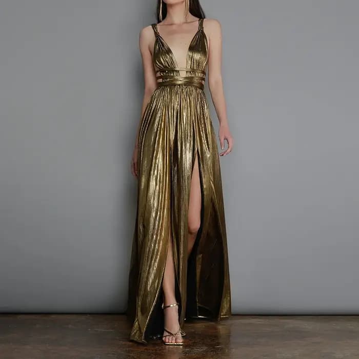 Robe de soirée sexy à col en V pour femmes, robe fendue, or exquis, robes de Rhen fibre, longueur au