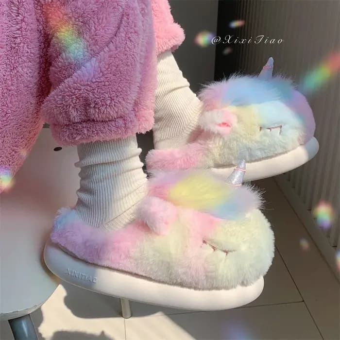 Mignon licorne hiver nouvelles femmes pantoufle talon souple plate-forme fourrure chaud intérieur confortable maison