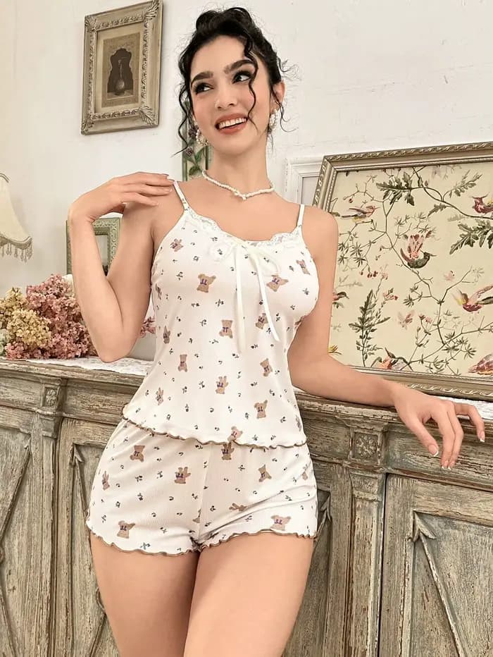 Nouvel ensemble de pyjama côtelé Y2K mignon motif ours en peluche pour femme