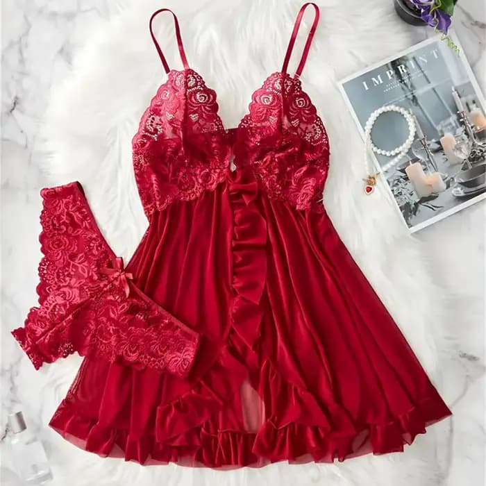 Nouvel ensemble de lingerie pour femmes, robe de nuit en dentelle rouge