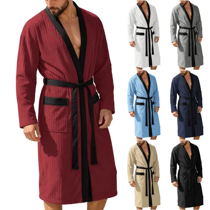 Peignoir en tricot grande taille pour homme, séchage rapide, avec ceinture, color block, long, pour piscine, tenue de nuit et détente masculine