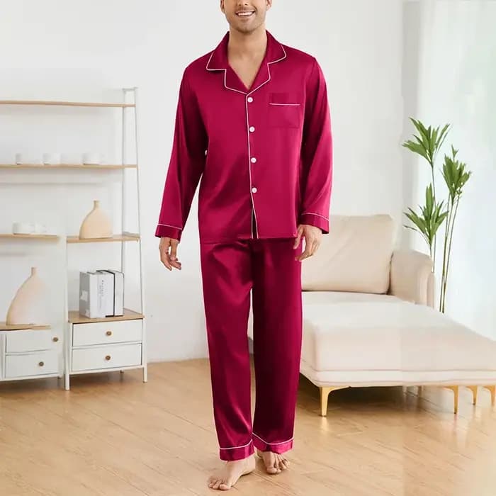 Hommes vêtements de nuit Satin pyjama ensembles à manches longues hauts avec pantalon