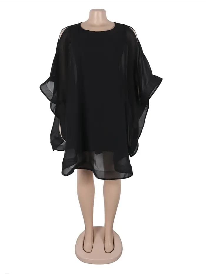 Femmes élégantes robes Simple solide en mousseline de soie col rond manches cape ample taille moyenne casual dîner