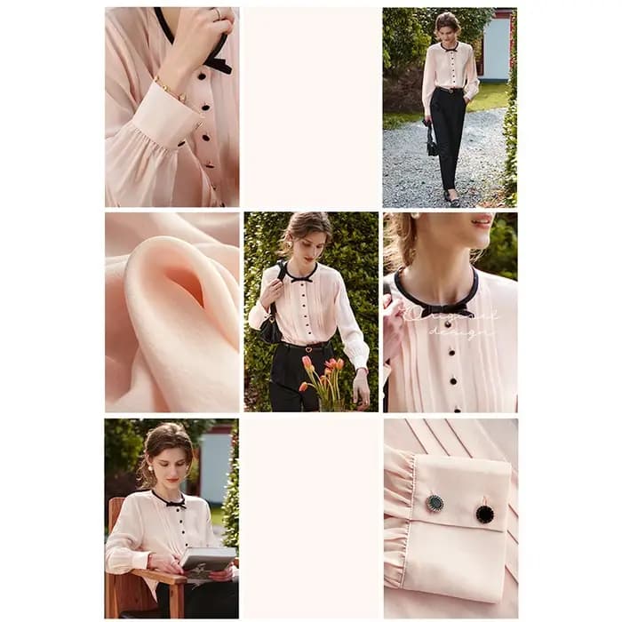 Chemisier en Chiffon OLrain pour Femme 2026 Rose Épissé Col Rond Nœud Bouton Blouse de Bureau Manches Longues Élégante M56QC52985